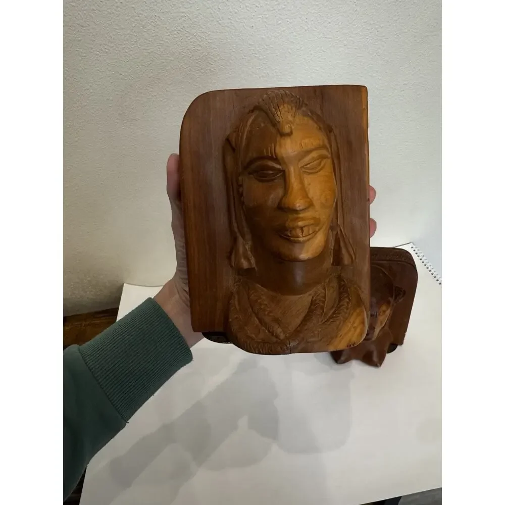 Vintage Hand Carved Wood Figural Bookends Tribal Busts Heavy Solid Vintage Decor